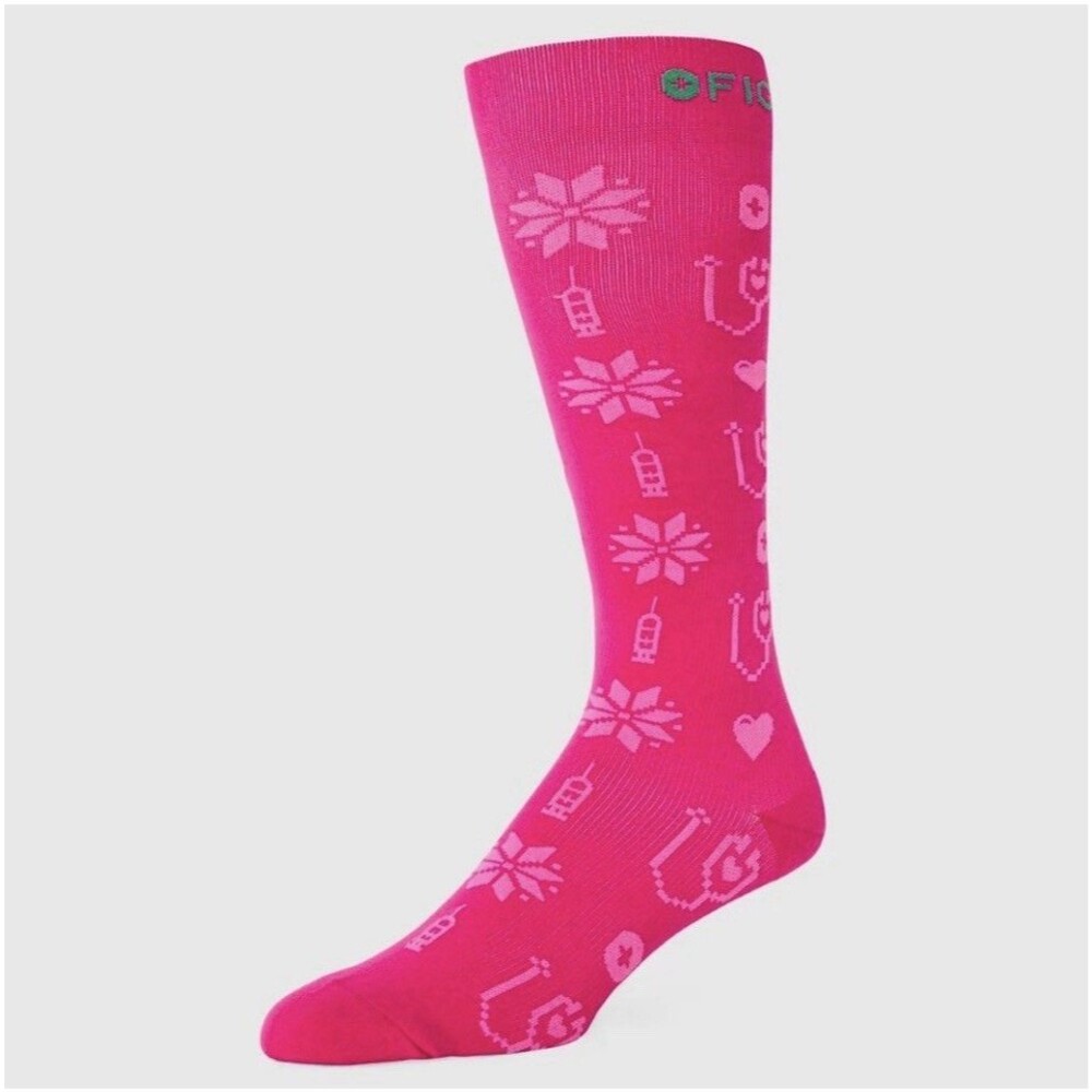 FIGS Compression Holiday Snowflake Stethoscope Socks Pink Size M Nurse Medical